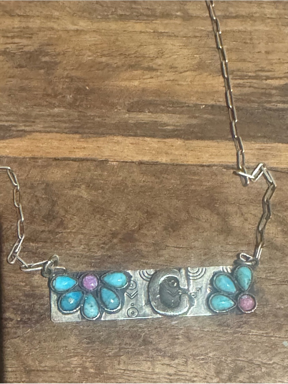 Sterling Silver Turquoise and hot pink opal Floral Bar initial C Necklace